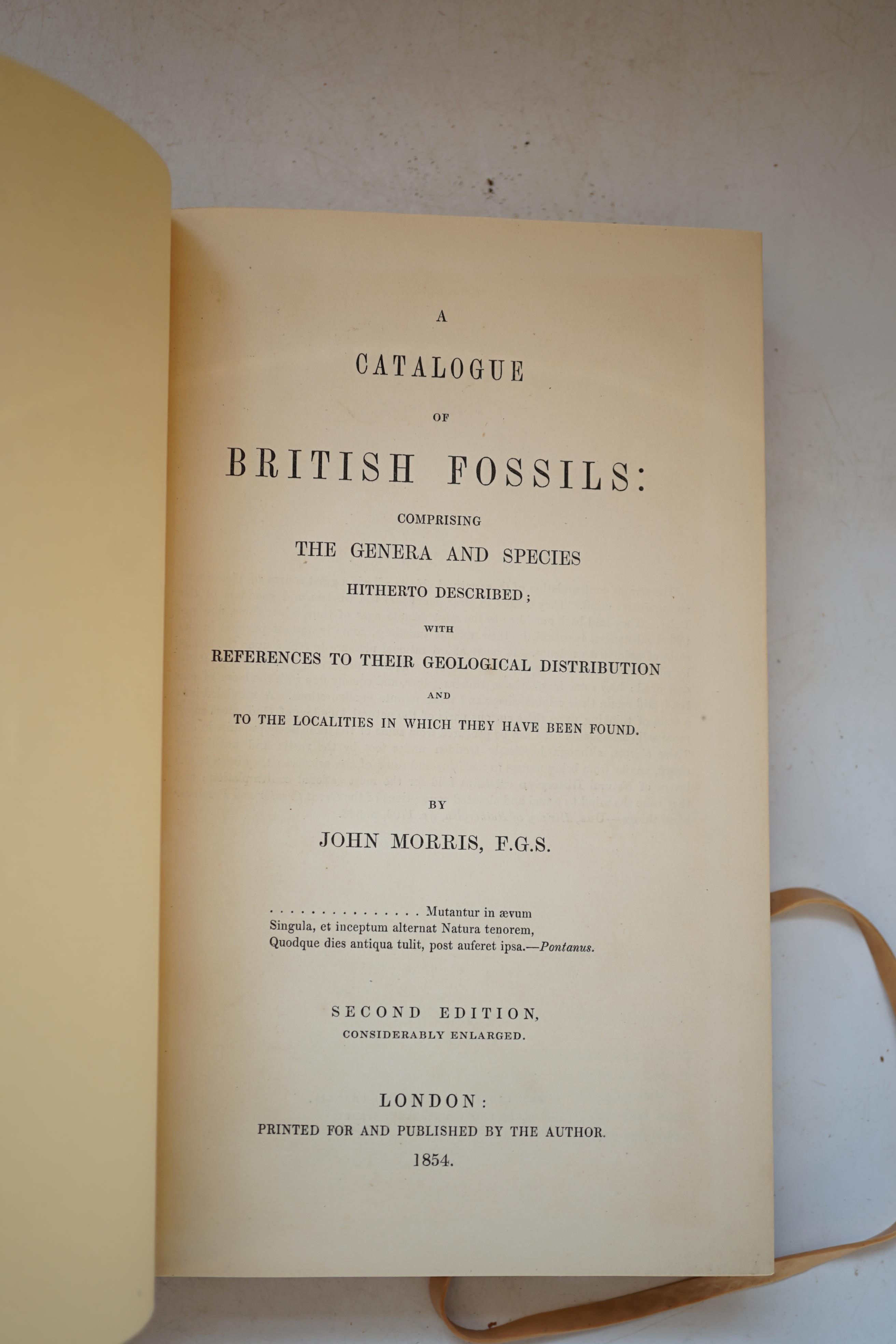 Morris, John - A Catalogue of British Fossils, 2nd edition, 1854; Lycett, John - The Cotteswold Hills. Hand-Book Introductory to their Geology and Palaeontology, 8vo, red blind stamped cloth, spine partly torn, 1857; Cuv